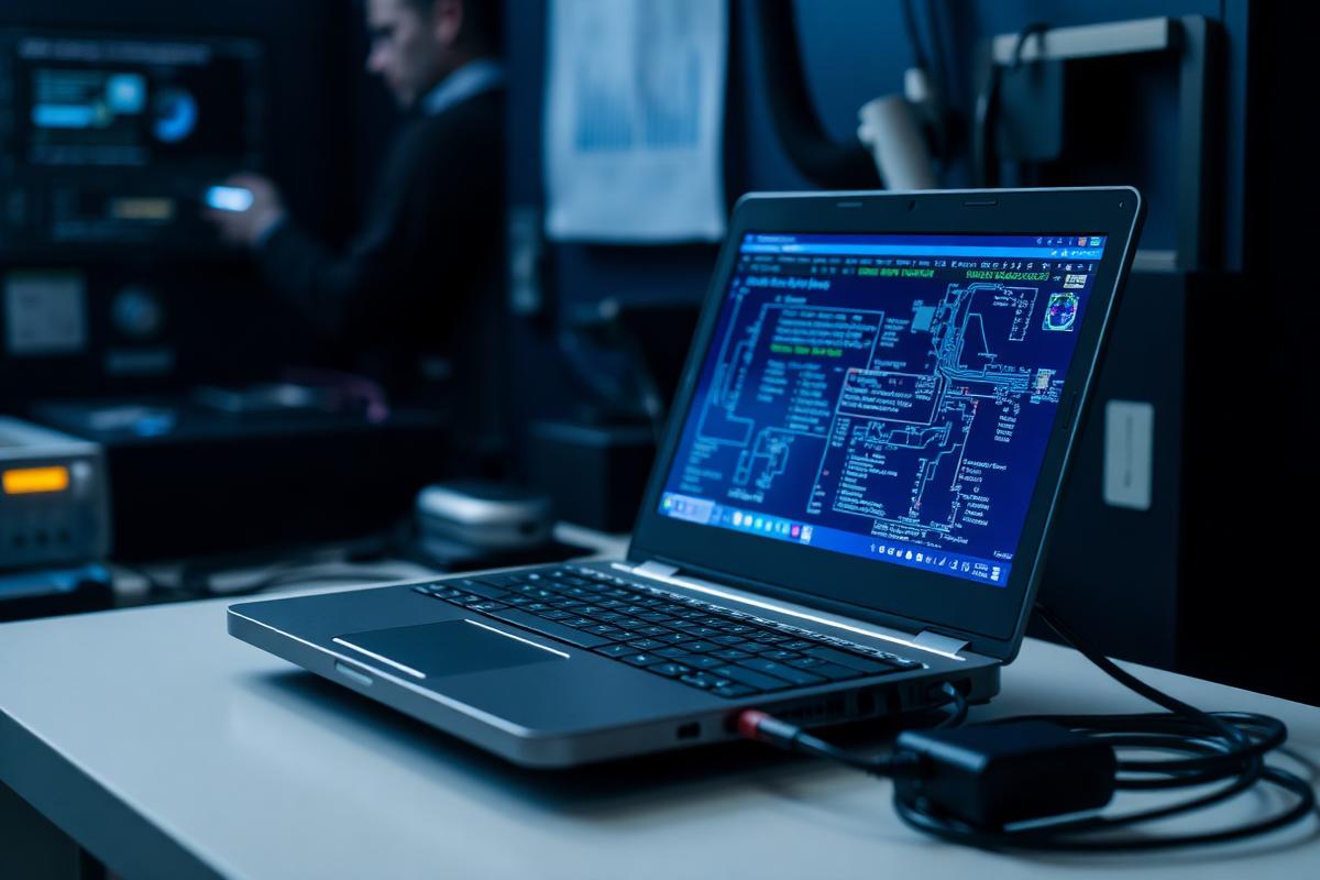 Laptop connected to diagnostic equipment during a maintenance session