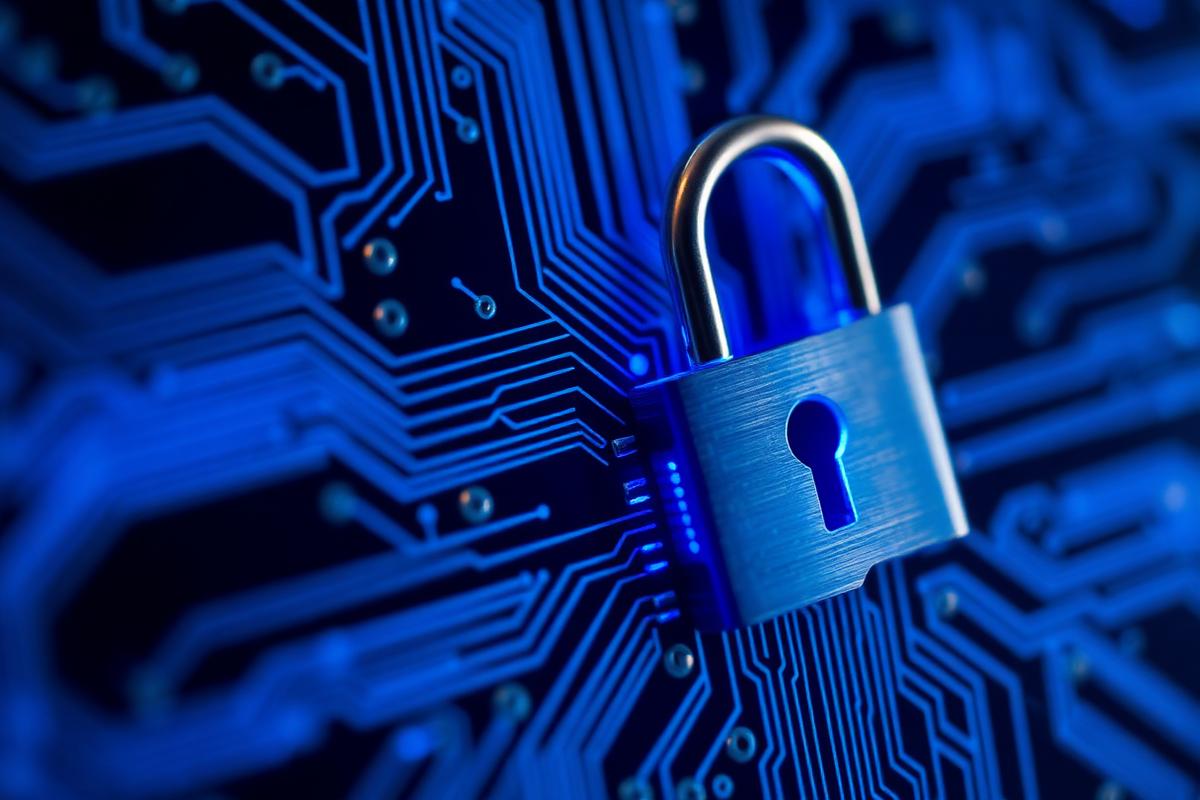 Circuit board with a metal padlock representing careful handling of data