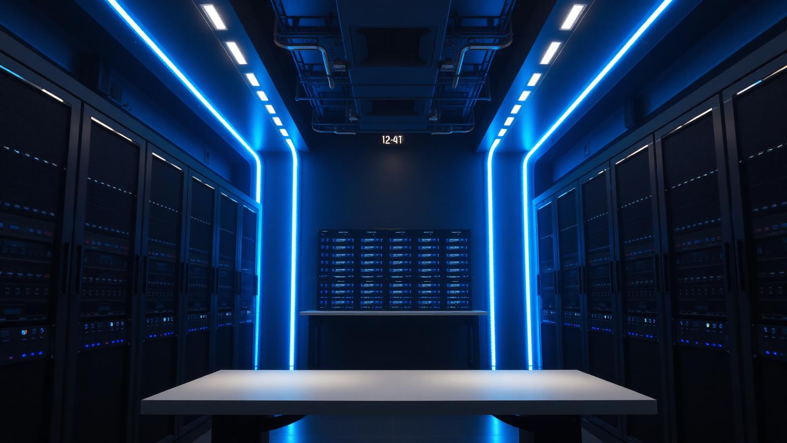 Data centre corridor with server racks lit by blue light