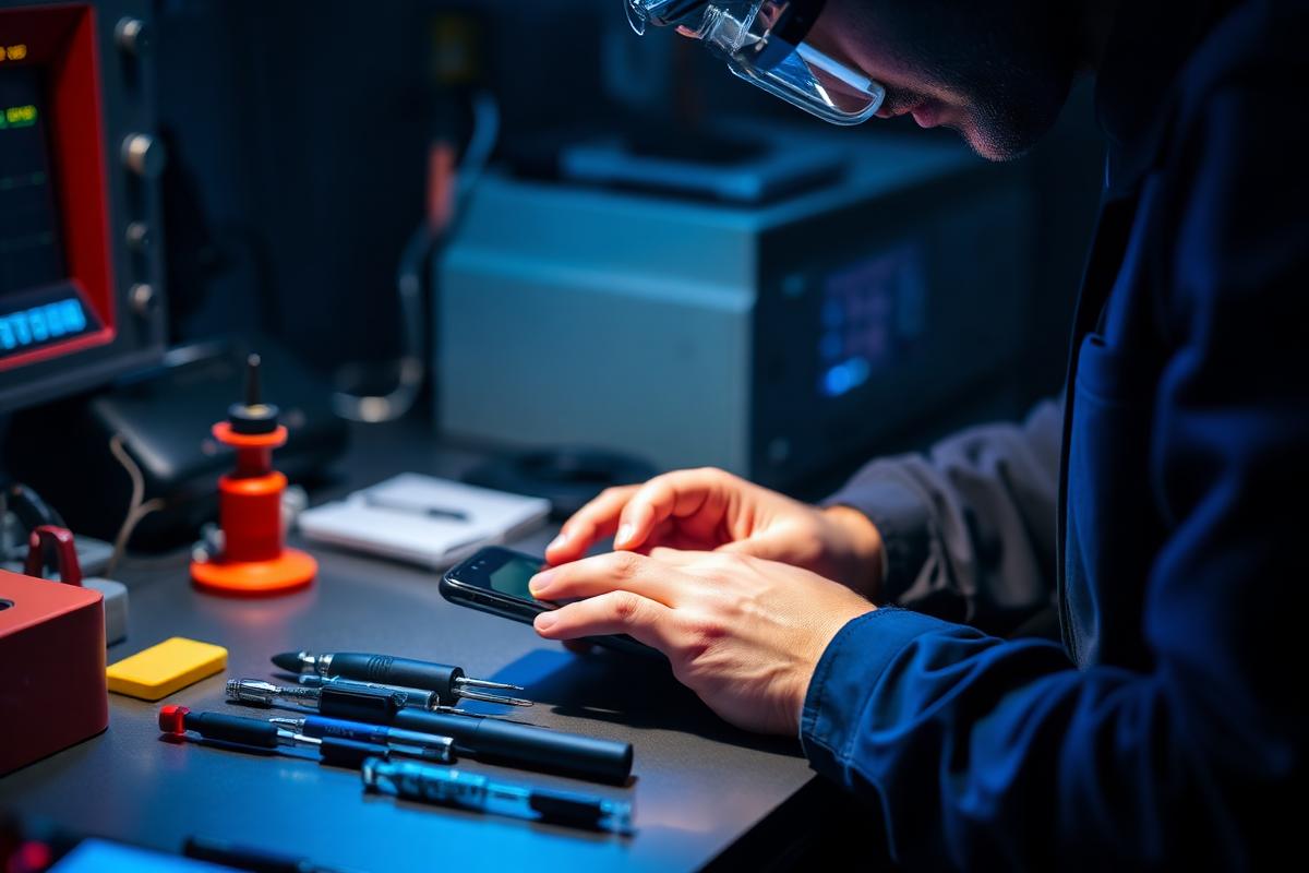 Technician inspecting a smartphone with precision tools on a workbench