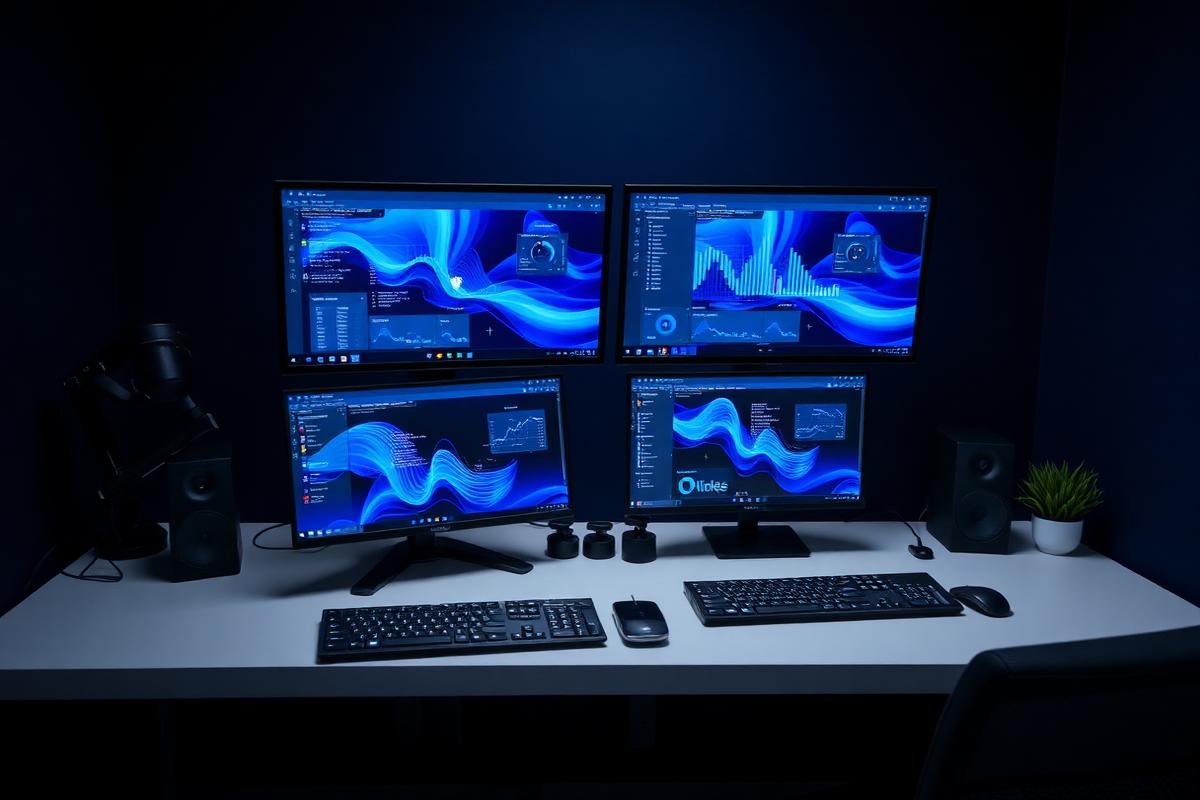 Organised technology workspace with monitors and peripherals